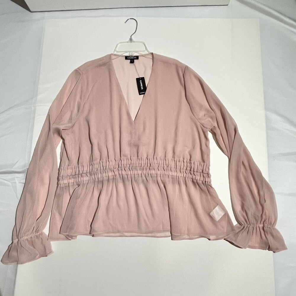 Express Womens XL Pink Pleated Blouse Ruched Long Sleeve Sheer Bell Sleeve
